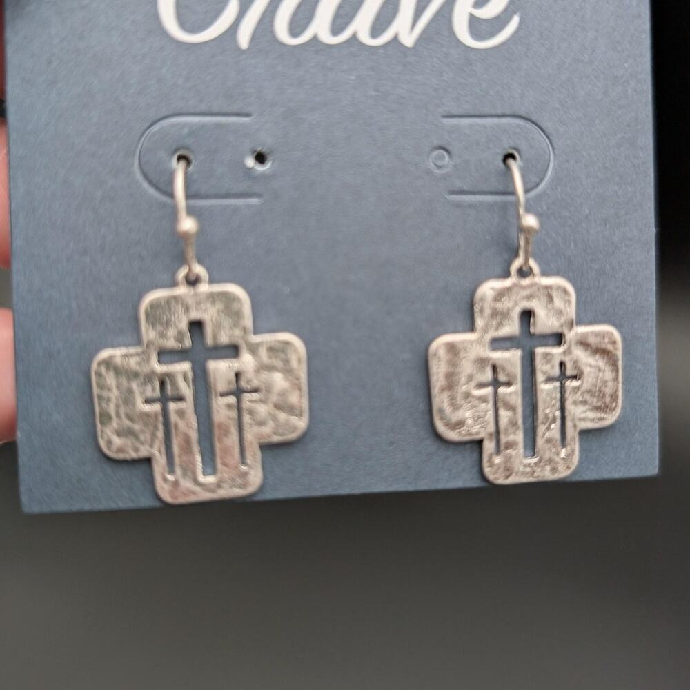 Crave Three Cross Drop Earrings Silver Tone Christian Religious Jewelry New